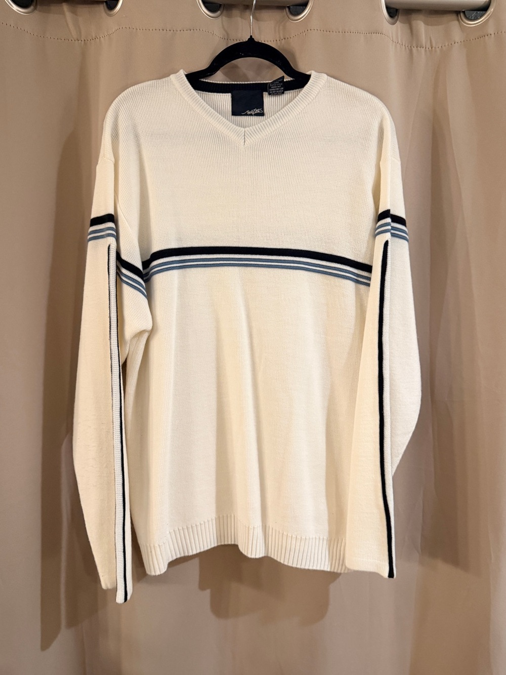 Point Zero  Crewneck Sweater with Navy and Blue Stripes